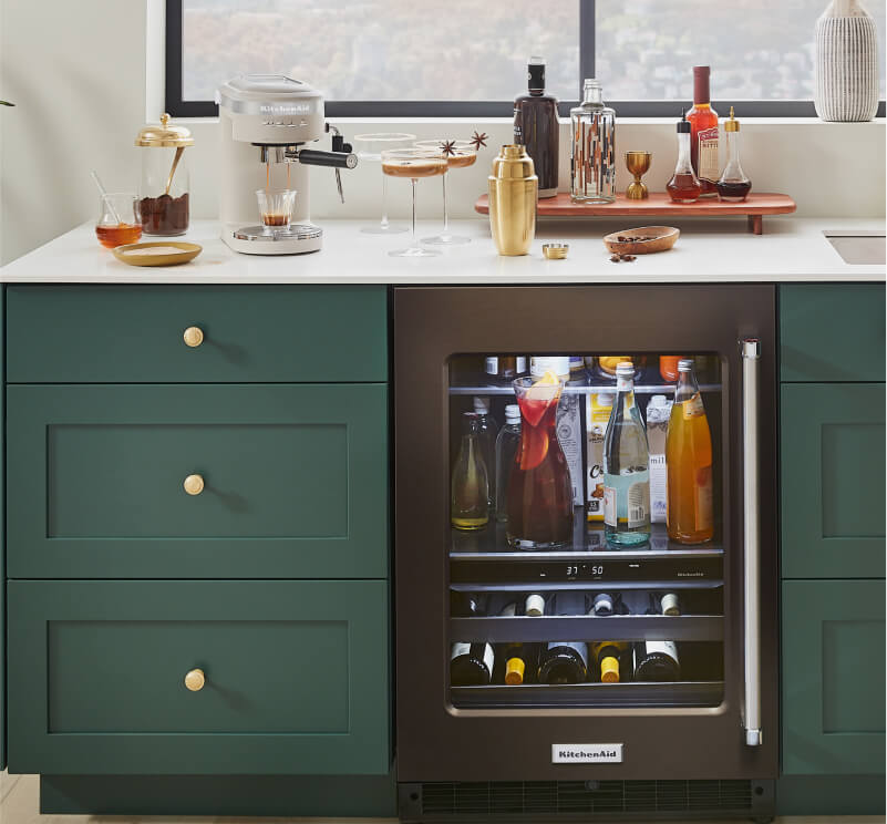 A KitchenAid® refrigerator set in a modern kitchen.